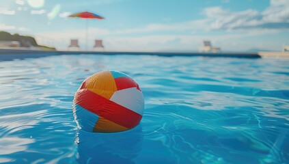 A colorful beach ball floating on the sparkling water of a swimming pool, with blurred background of a sunny resort, symbolizing fun and relaxation.