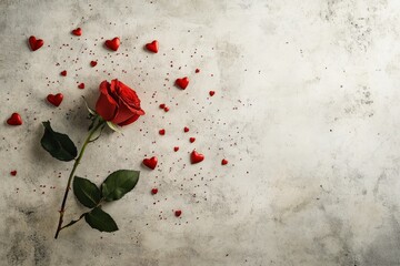 Romantic red rose with scattered hearts on light background