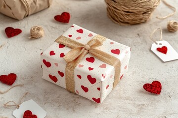 Romantic gift with heart wrapping and golden bow