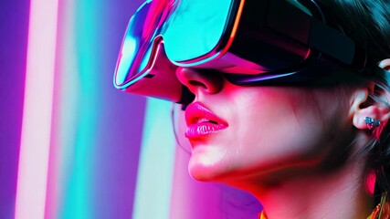 A woman immersed in a vibrant magenta world, her human face adorned with fashion-forward virtual reality goggles, perfectly blending fashion and technology Video