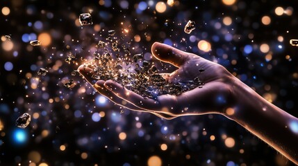 A hand with glittering particles and shining lights on a dark background
