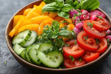 Sliced tomatoes, cucumbers, bell peppers, onions, and basil leaves are combined in a wooden bowl, creating a colorful and nutritious vegetable salad