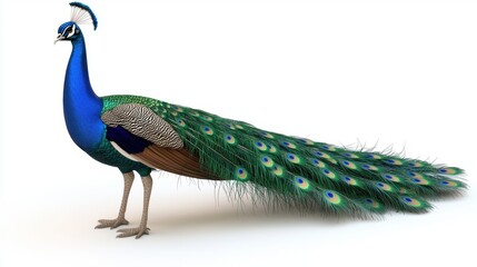 Fototapeta premium Vibrant Peacock Displaying Its Majestic Feathers in Stunning Colorful Hues on a White Background, Symbolizing Beauty and Grace in Nature