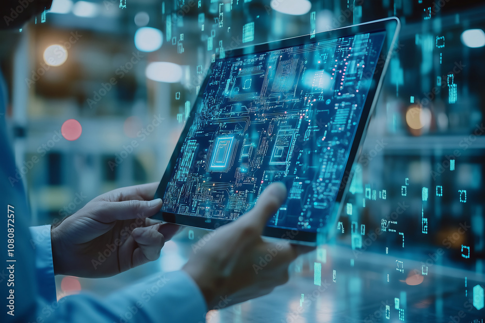 Poster Engineers collaborating with a digital tablet to assemble advanced technology