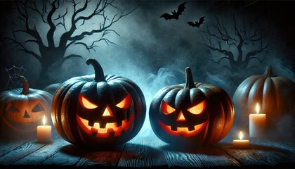 Halloween pumpkin blue light in mysterious night