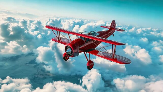 Bright red biplane soaring through fluffy clouds during a clear blue sky Video