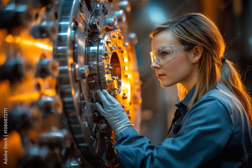Poster female engineer closely examines a machine part in an industrial setting