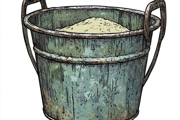 Vintage Metal Bucket Filled with Fine Sand or Grain on Isolated Background, Ideal for Rustic Decor, Craft Projects, Home Improvement, and Creative Uses