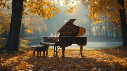 Concert of morning scenery on the piano in the autumn park