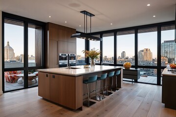 Stylish Urban Kitchen Design Featuring Modern Island and Expansive Windows