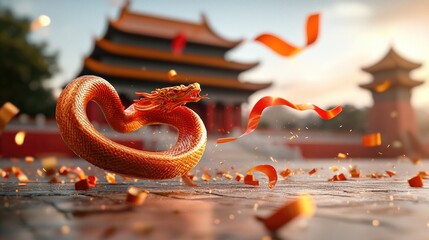 A vibrant scene depicting a winding orange ribbon-like snake in front of a traditional Chinese temple at sunset, showcasing cultural symbolism and vivid colors.