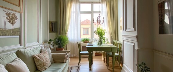 A Light and Airy Living Room with a Green Sofa and a Dining Table Set