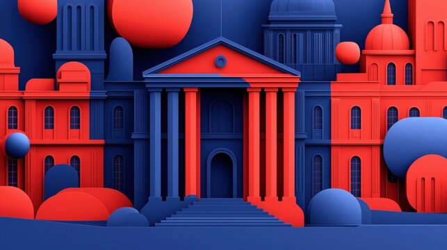 Abstract geometric composition featuring a stylized neoclassical architecture with red and blue color scheme and spherical elements.