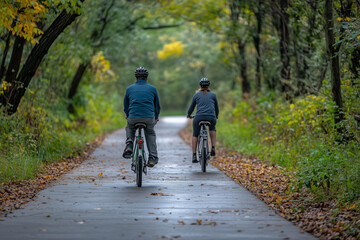 Mature couple enjoying a peaceful bike ride through a wooded pathway in autumn