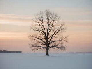A lone tree in the middle of a snow covered field at sunset.