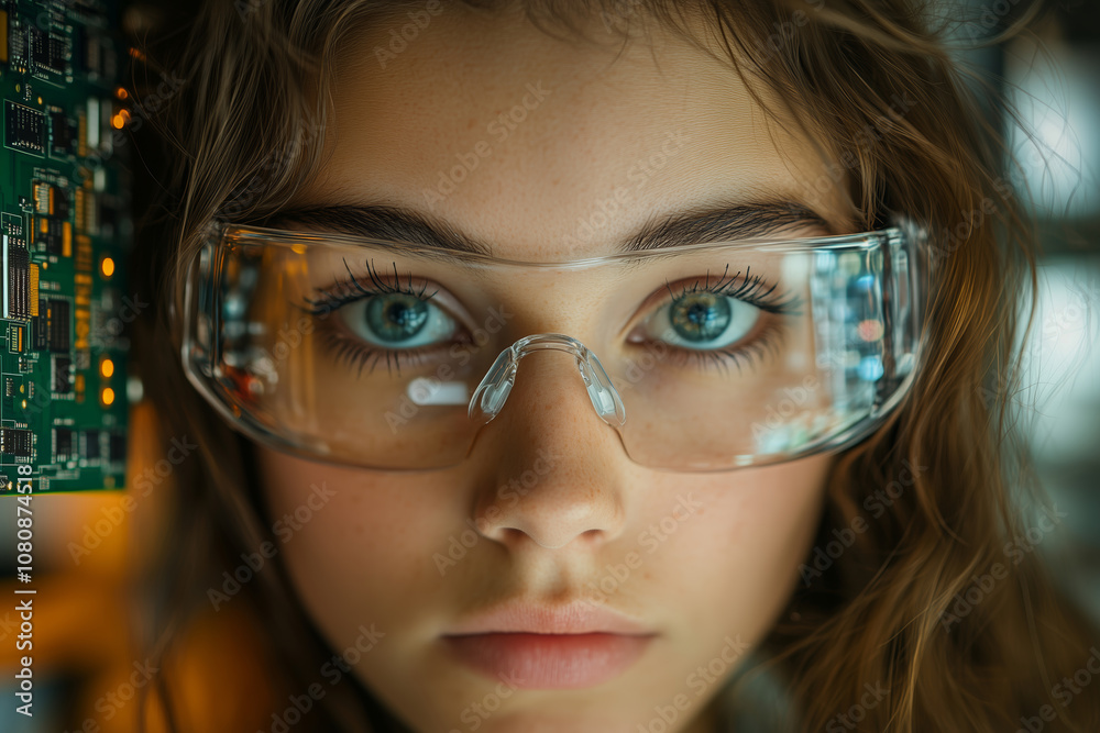 Poster focused female mechanic inspecting circuitry in a workshop during daylight hours