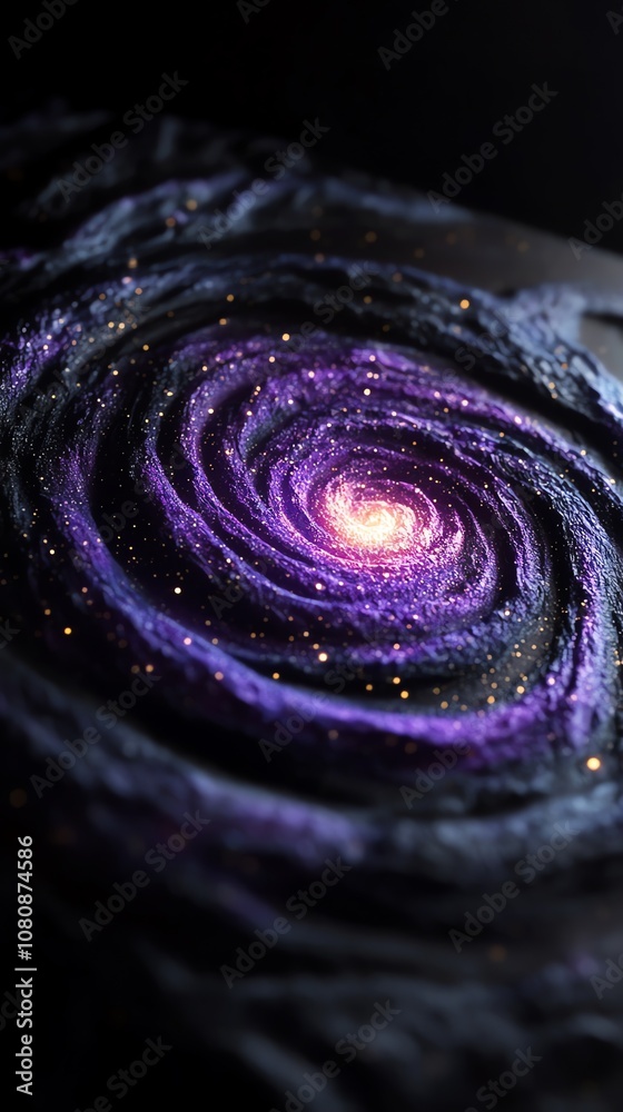 Poster a swirling galaxy of purple and gold with a bright center, creating a sense of awe and wonder.