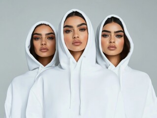 Three Fierce Female Models in White Hoodies Facing Forward Against Clean Background for Clothing Brand Photography
