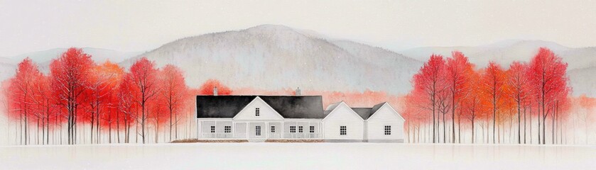 Tranquil Autumn Landscape Featuring a Modern Home Surrounded by Vibrant Red Trees and Mountains in the Background, Ideal for Nature and Architecture Themes