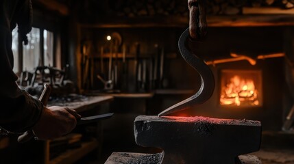 Traditional blacksmith shaping metal in a rustic workshop setting