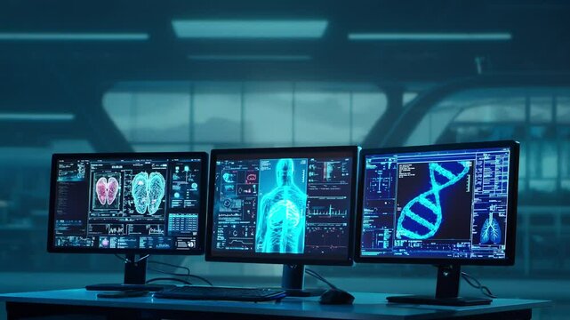Doctor working at futuristic office, multiple monitors displaying medical images, data and body scans.