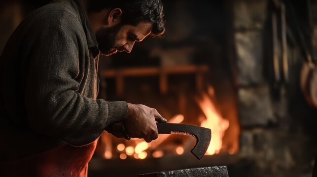 Focused blacksmith crafting metal in a traditional workshop