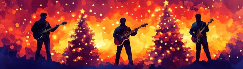 Obraz premium Silhouetted Musicians Playing Guitar Against a Festive Background of Christmas Trees and Colorful Lights, Evoking a Joyful Holiday Atmosphere
