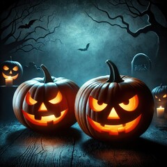 Halloween pumpkin blue light in mysterious night