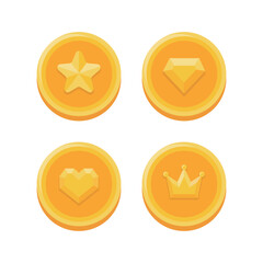 A set of illustration icons containing concepts such as shiny gold coins, medals, points, gold, money, game coin, etc. The gold coins have shapes such as stars, diamonds, jewels, hearts, and crowns.