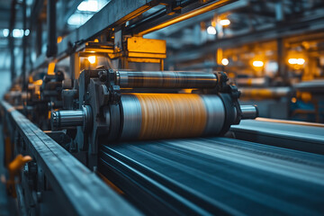 Dedicated worker operating heavy machinery in a bustling textile factory setting - Powered by Adobe