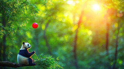 Playful Panda in a Lush Green Forest Holding a Bright Red Ball with Sunlight Filtering Through the Trees Creating a Serene and Joyful Atmosphere