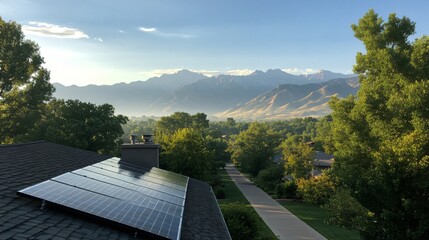Fototapeta premium Sustainable energy from rooftop solar panels set against a stunning mountain backdrop, showcasing renewable power and natural beauty