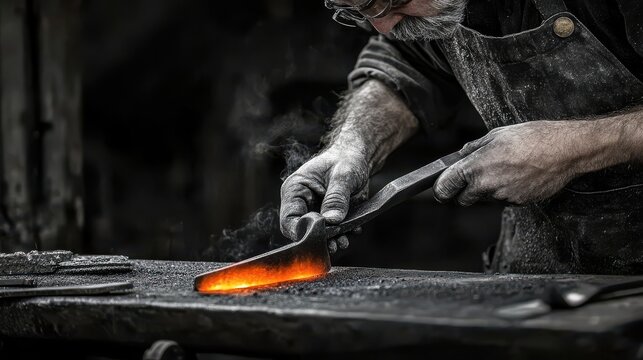 Blacksmith crafting a glowing blade in a traditional workshop setting
