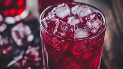 Close-up of a Refreshing Red Drink with Ice Cubes
