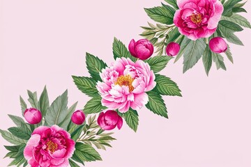 Lively Watercolor Floral Corner Design Featuring Pink Peonies and Mint Leaves for Celebratory Invitations and Events