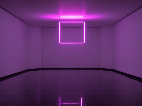 Vivid purple neon square is illuminating an empty room with a reflective tiled floor.