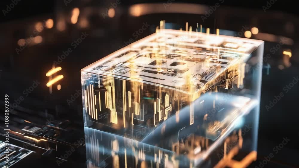 Poster complex electronic circuits are operating inside a glass cube. light particles are moving fast. the 