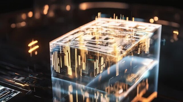 Complex electronic circuits are operating inside a glass cube. Light particles are moving fast. The concept illustrates quantum computing, artificial intelligence and big data