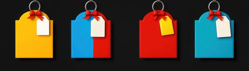 Brightly Colored Gift Tags Displayed Against a Dark Background, Featuring Different Shapes and Vibrant Colors with Bow Decorations for Festive Occasions