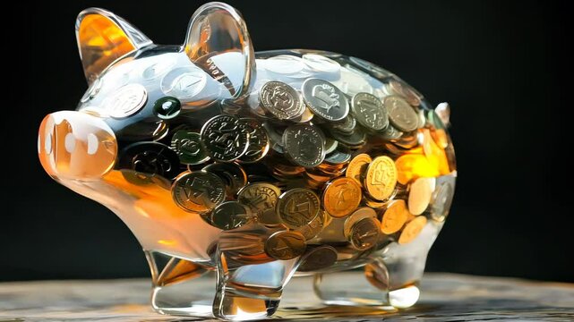A transparent piggy bank brimming with coins symbolizes wise financial decisions and the journey toward prosperity. Video