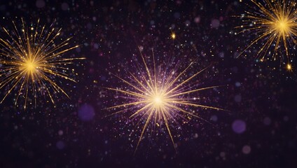 Fototapeta premium Golden fireworks explode against a dark purple night sky, filled with glittering specks.
