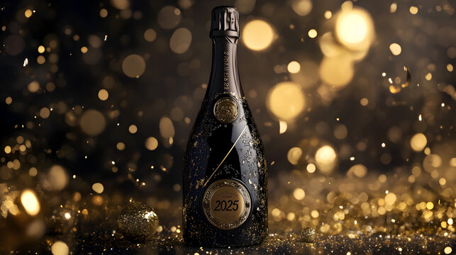 fondo elegante y sofisticado en color dorado con negro con efecto bokeh y destellos de luces decorativas con una botella de champan para celebran el a&ntilde;o nuevo 2025 festejo de fin de a&ntilde;o