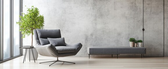 Modern living room with grey armchair, bench, potted plants, and concrete wall.