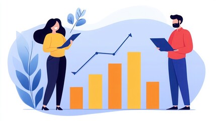 Fototapeta premium Business Collaboration and Data Analysis with Growth Graph in a Modern Office Setting Featuring Diverse Characters and Bright Color Palette