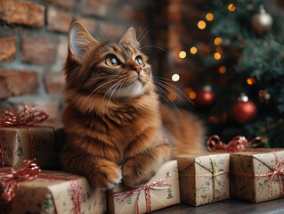 Somali Katze liegt auf Geschenke an einer Backsteinwand vor einem Weihnachtsbaum