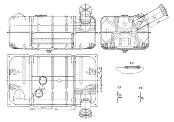 Petrol tank of cargo vehicle.
Engineering mechanical drawing of automotive
device. Industrial cad scheme on white paper sheet. 
Technology design of machine building industry. 
Machined template.