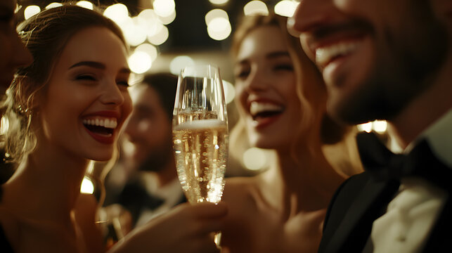 un grupo de amigos disfrutando y divertidos brindando con copas de vino o champan en una fiesta celebrando la navidad o el a&ntilde;o nuevo cumplea&ntilde;os con destellos de luces