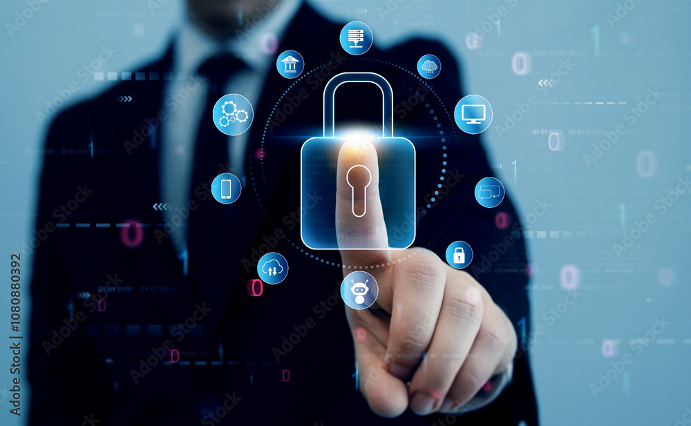 Poster cyber security protection concept.data protection concept.protecting herself from cyber attacks and 