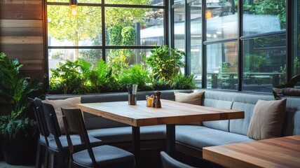 Fototapeta premium A cozy restaurant interior featuring a wooden table, comfortable seating, and abundant greenery through large windows.