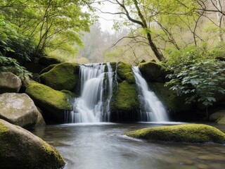 Gentle waterfall cascading over rocks in a serene natural setting.